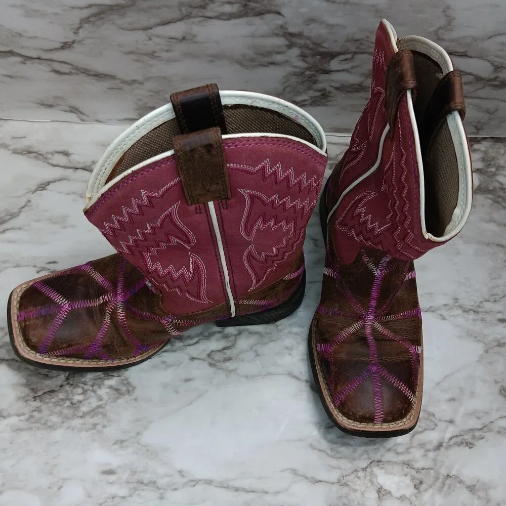 ARIAT Girls Twisted Tycoon Western Boot Size 11 Square Toe Pink Brown Leather